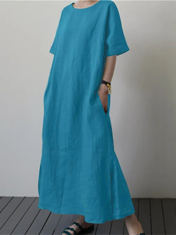 Solid Cotton-Linen Tunic Maxi Dress