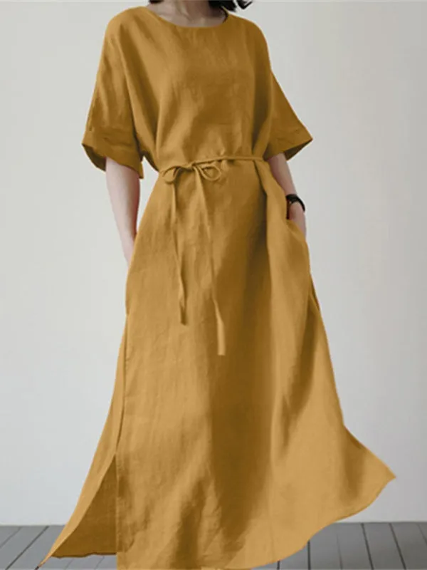 Solid Cotton-Linen Tunic Maxi Dress