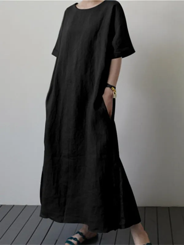 Solid Cotton-Linen Tunic Maxi Dress
