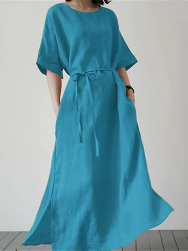 Solid Cotton-Linen Tunic Maxi Dress