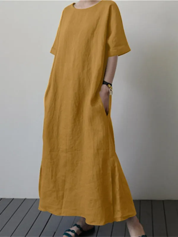 Solid Cotton-Linen Tunic Maxi Dress