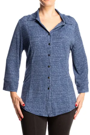 Women's Blouse Denim Blue Soft Stretch Knit Fabric Quality Made in Canada XLARGE SIZES Available Shop Yvonne Marie Boutiques Comfort Fit For Curvy Women
