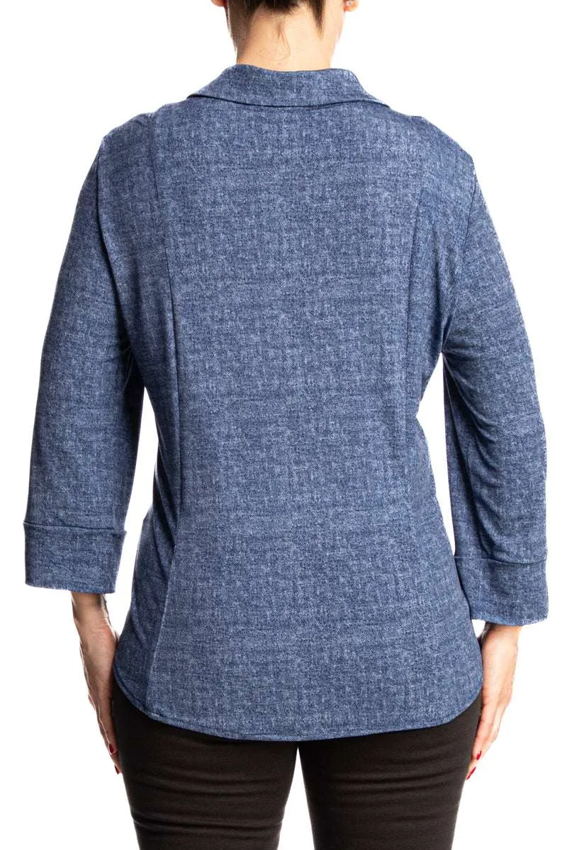 Women's Blouse Denim Blue Soft Stretch Knit Fabric Quality Made in Canada XLARGE SIZES Available Shop Yvonne Marie Boutiques Comfort Fit For Curvy Women