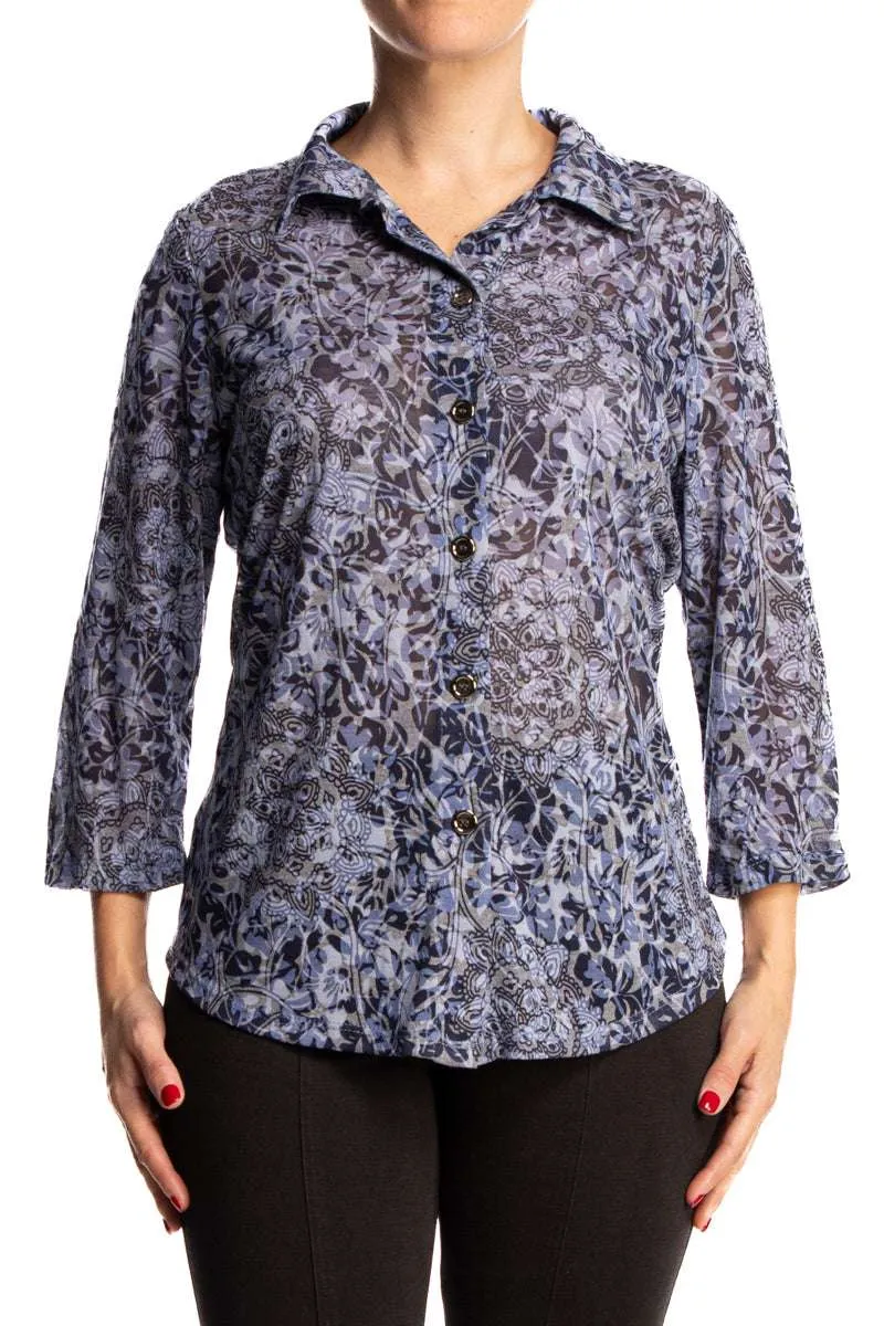Women's Blouses Canada Quality Blue Stretch Knit fabric XLarge Sizes Comfort Flattering Fit Made in Canada Yvonne Marie Boutiques