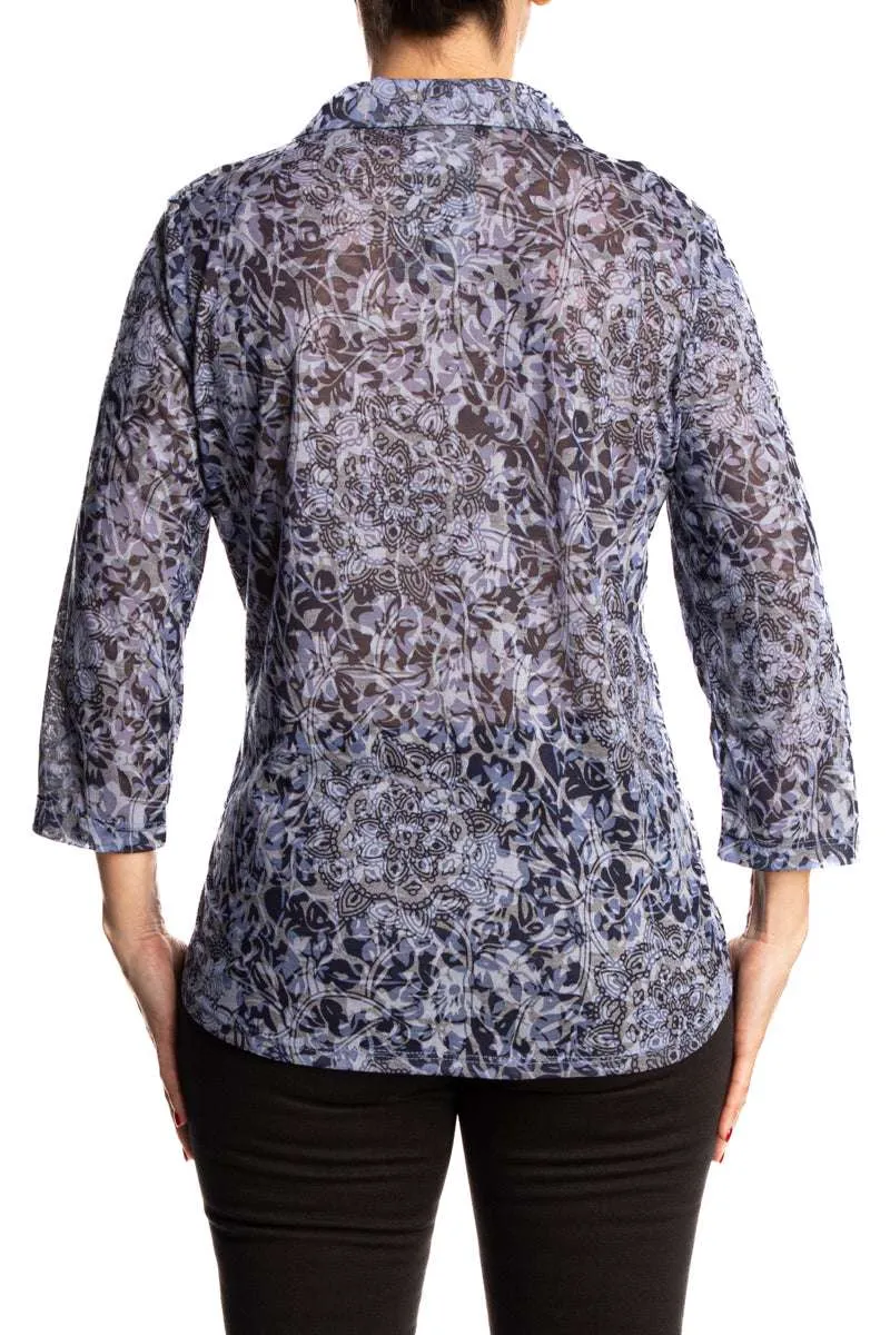 Women's Blouses Canada Quality Blue Stretch Knit fabric XLarge Sizes Comfort Flattering Fit Made in Canada Yvonne Marie Boutiques