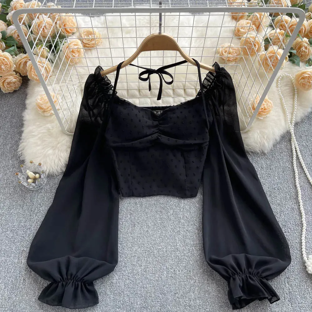 Women's Lantern Sleeve Off Shoulder Fashion Designer Long-Sleeve Tops
