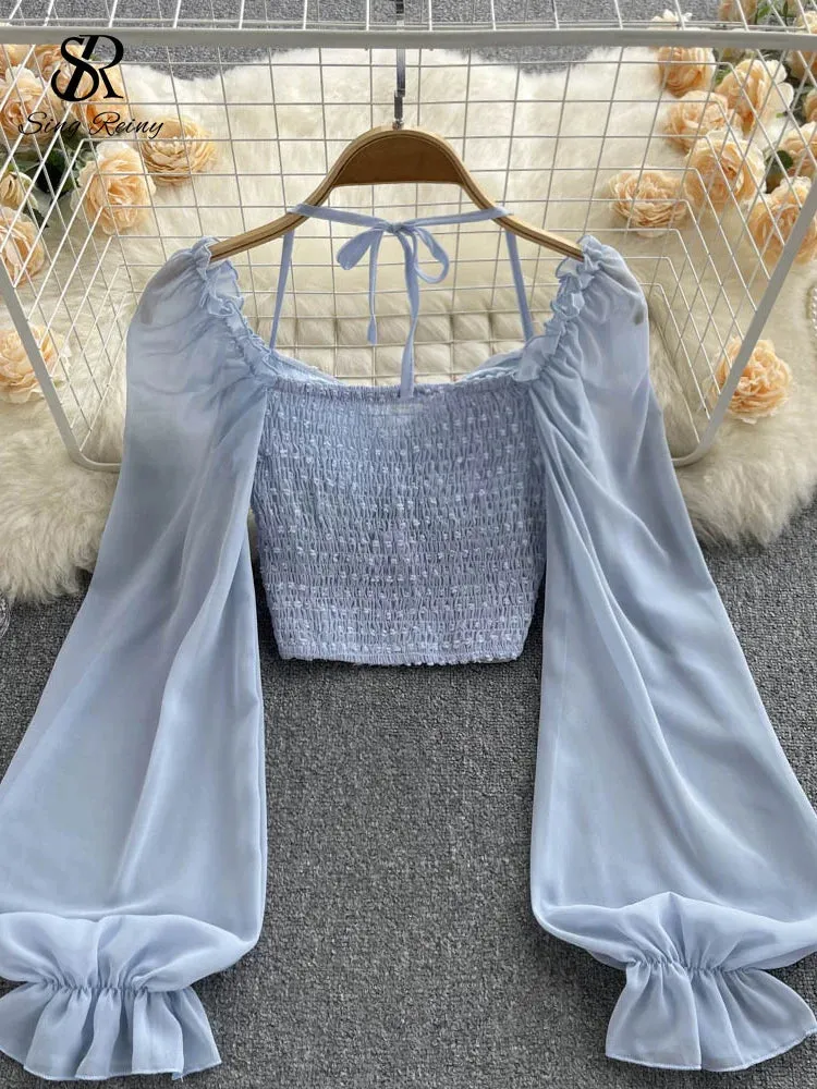 Women's Lantern Sleeve Off Shoulder Fashion Designer Long-Sleeve Tops